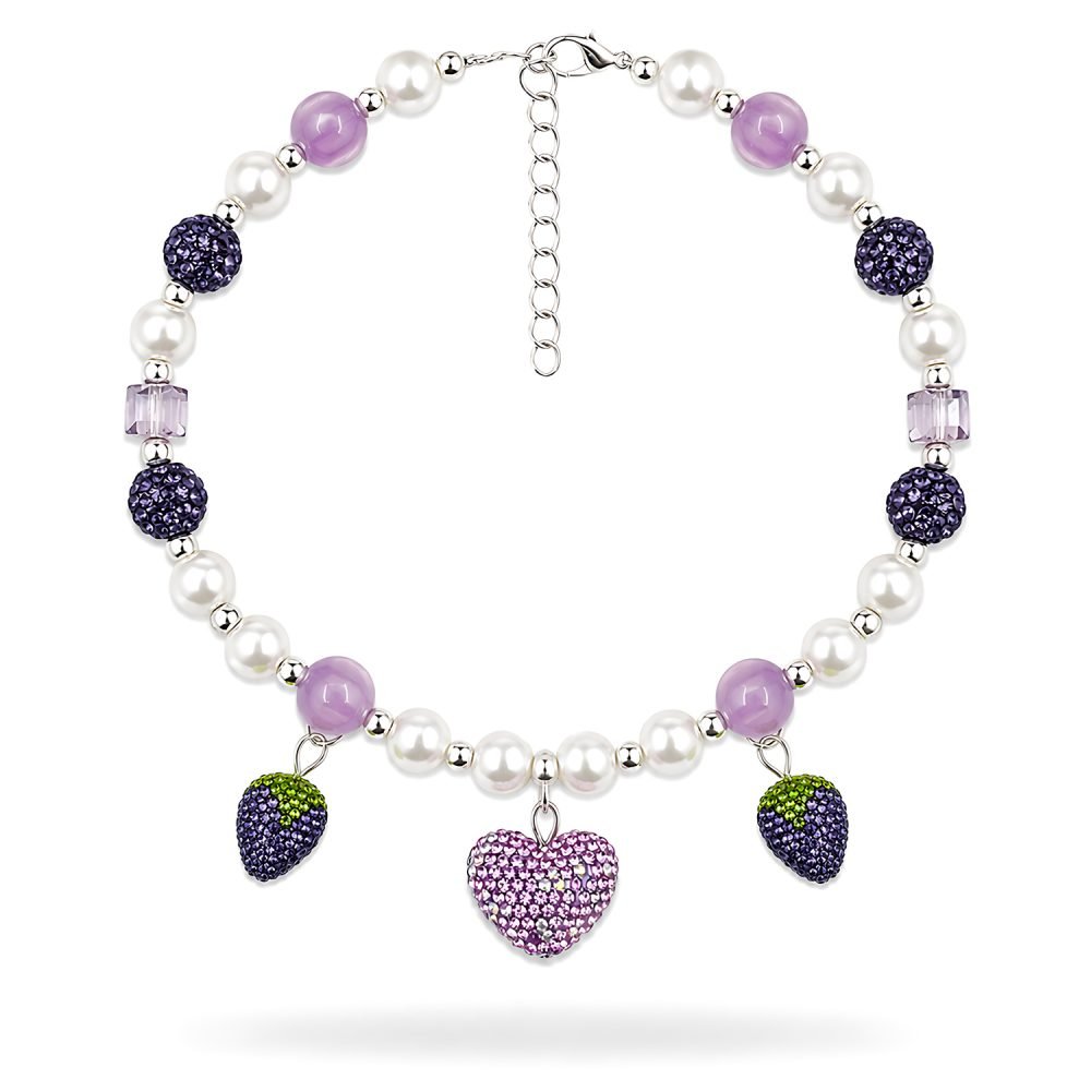 Pearl Style Pet Necklace, Purple Rhinestone Heart & Strawberry Charm Jewelry for Cats & Dogs, Boutique Beaded Collar Accessory