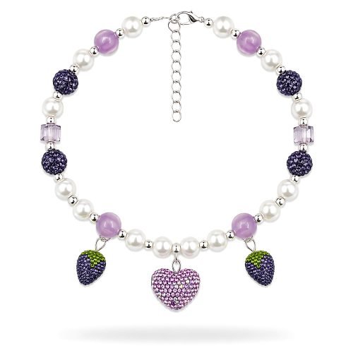 Pearl Style Pet Necklace, Purple Rhinestone Heart & Strawberry Charm Jewelry for Cats & Dogs, Boutique Beaded Collar Accessory