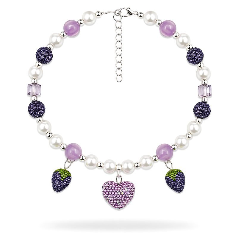 beaded-charm-necklace-cats-dogs-wear-jdc-ht-st-pp-s-1-01 Pearl Style Pet Necklace, Purple Rhinestone Heart & Strawberry Charm Jewelry for Cats & Dogs, Boutique Beaded Collar Accessory
