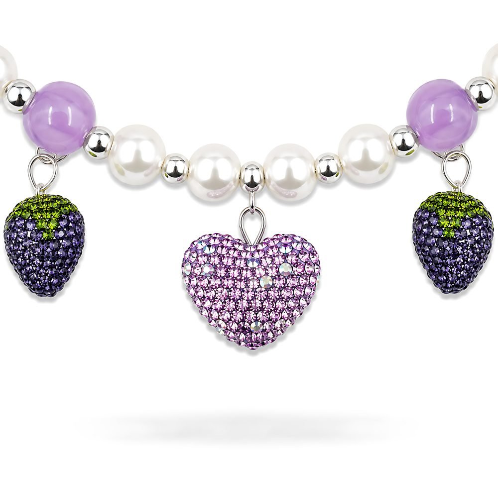 Pearl Style Pet Necklace, Purple Rhinestone Heart & Strawberry Charm Jewelry for Cats & Dogs, Boutique Beaded Collar Accessory