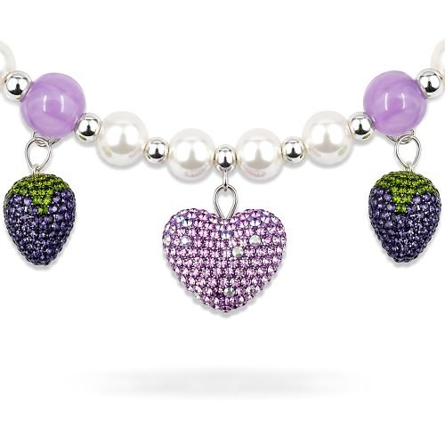 Pearl Style Pet Necklace, Purple Rhinestone Heart & Strawberry Charm Jewelry for Cats & Dogs, Boutique Beaded Collar Accessory