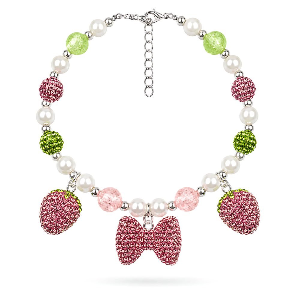 Pink Strawberry Bow Necklace for Dogs, Pearl Style Beaded Pet Jewelry, Rhinestone Charm Cat Necklace, Green Crystal Style Accent