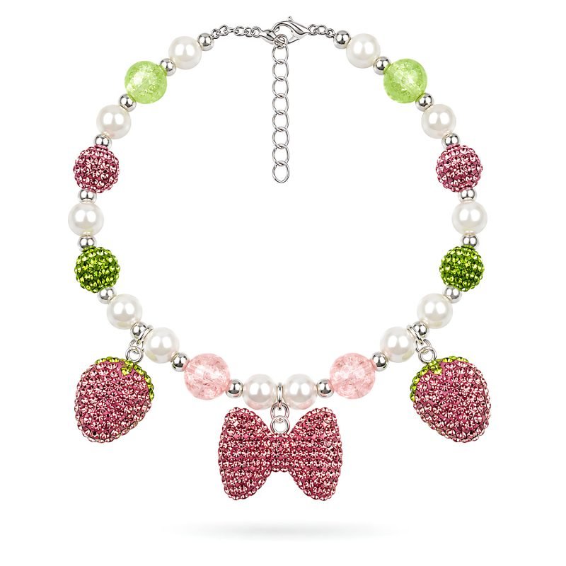 charm-necklace-pets-featuring-beaded-strand-jdc-bt-st-pk-s-1-01 Pink Strawberry Bow Necklace for Dogs, Pearl Style Beaded Pet Jewelry, Rhinestone Charm Cat Necklace, Green Crystal Style Accent
