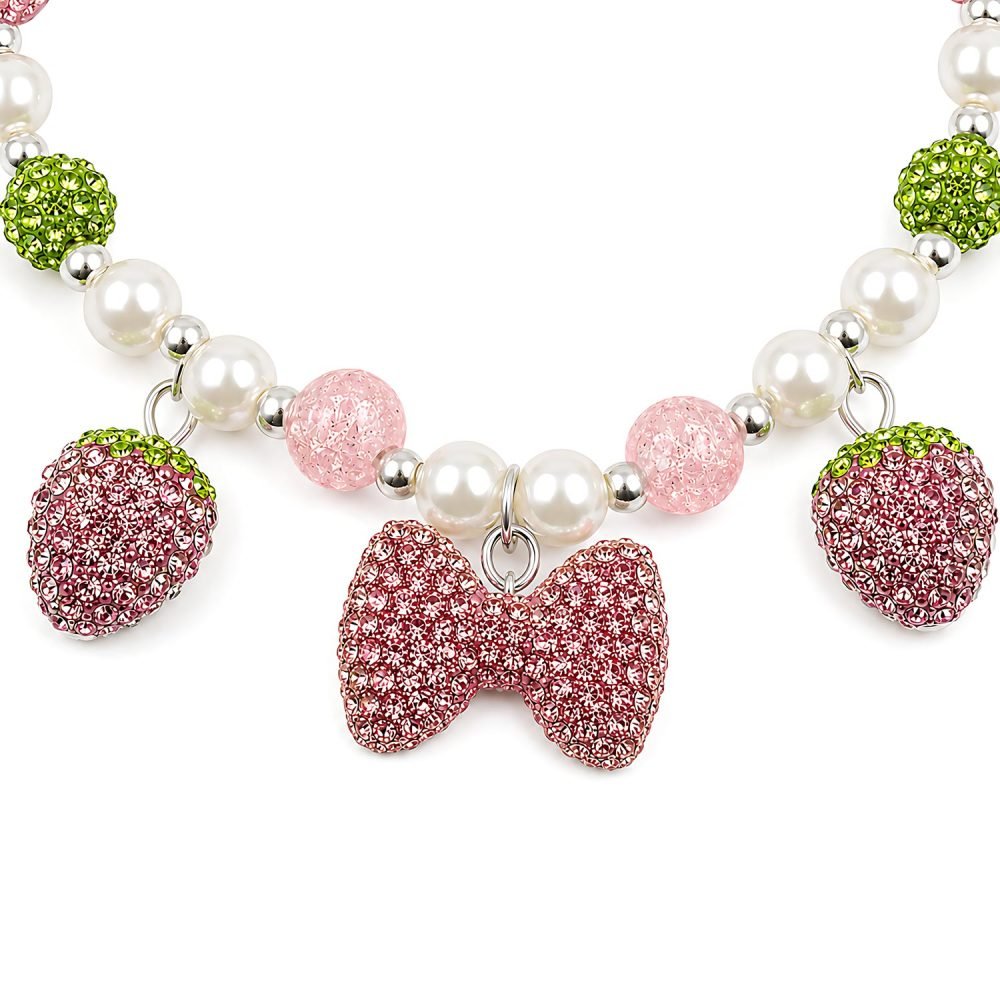 Pink Strawberry Bow Necklace for Dogs, Pearl Style Beaded Pet Jewelry, Rhinestone Charm Cat Necklace, Green Crystal Style Accent