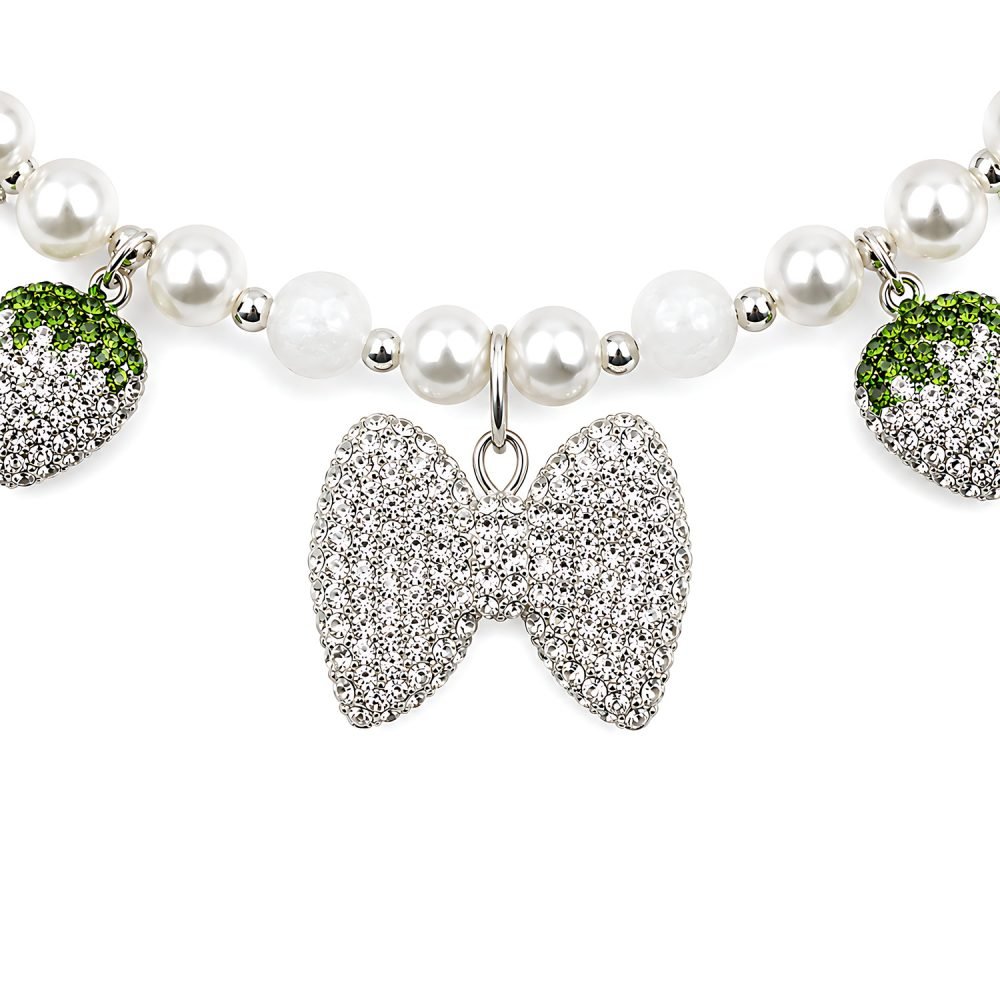 Pet Necklace Strawberry Bow Charm, Pearl Style Bead Dog Cat Jewelry, Rhinestone Crystal Style Accessory, Silver Tone Adjustable Pet Collar Charm