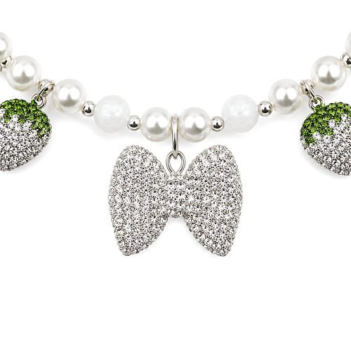 Pet Necklace Strawberry Bow Charm, Pearl Style Bead Dog Cat Jewelry, Rhinestone Crystal Style Accessory, Silver Tone Adjustable Pet Collar Charm