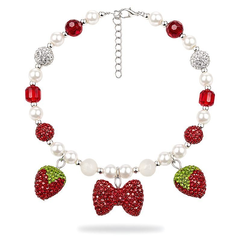 charm-necklace-small-pets-featuring-strawberry-jdc-bt-st-rd-s-1-01 Strawberry Bow Pet Necklace, Red Rhinestone Style Charm Collar Jewelry, Pearl Style Bead Cat Dog Necklace, Fruit Charm Pet Accessory