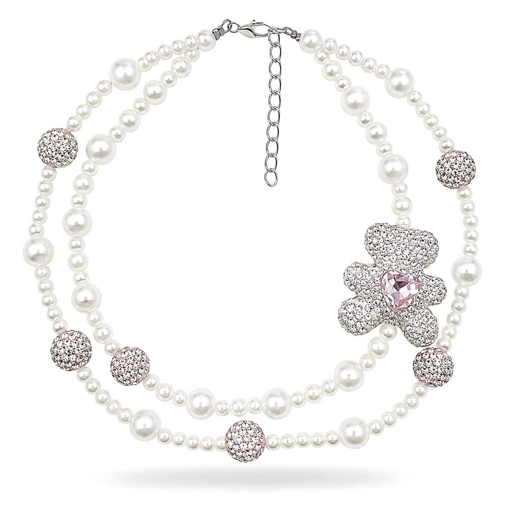 Pearl Style Pet Necklace with Pink Crystal Flower Charm, Double Strand Rhinestone Ball Dog Cat Jewelry, Metallic Tone Clasp