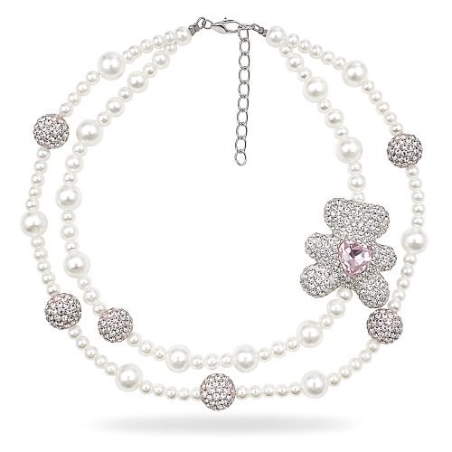 Pearl Style Pet Necklace with Pink Crystal Flower Charm, Double Strand Rhinestone Ball Dog Cat Jewelry, Metallic Tone Clasp