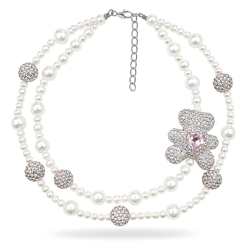 double-strand-pearl-necklace-flower-charm-jdc-br-sv-s-1-01 Pearl Style Pet Necklace with Pink Crystal Flower Charm, Double Strand Rhinestone Ball Dog Cat Jewelry, Metallic Tone Clasp