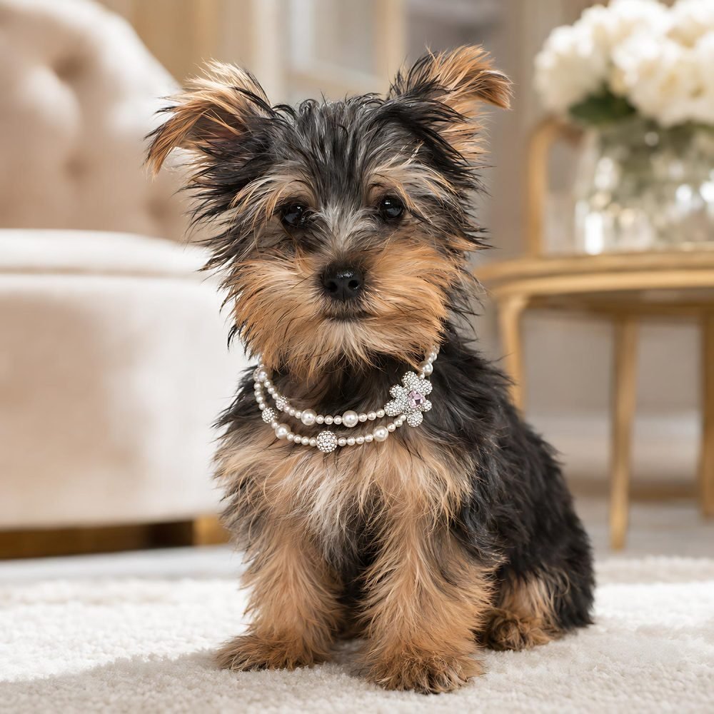 Pearl Style Pet Necklace with Pink Crystal Flower Charm, Double Strand Rhinestone Ball Dog Cat Jewelry, Metallic Tone Clasp