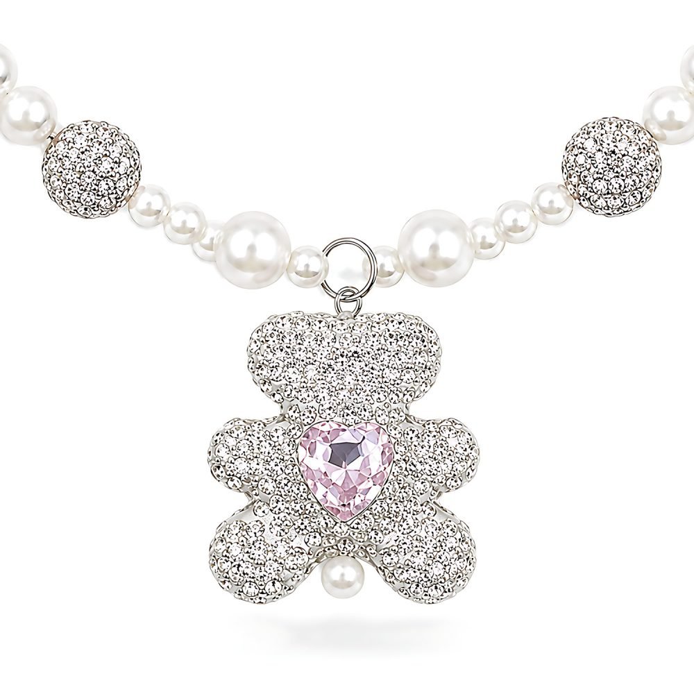 Pearl Style Pet Necklace with Pink Crystal Flower Charm, Double Strand Rhinestone Ball Dog Cat Jewelry, Metallic Tone Clasp
