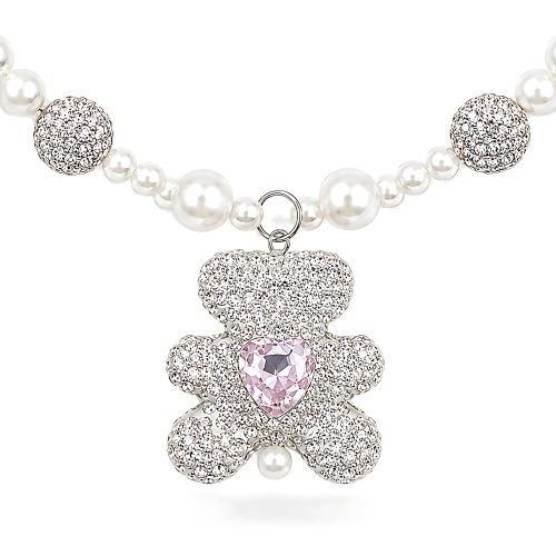 Pearl Style Pet Necklace with Pink Crystal Flower Charm, Double Strand Rhinestone Ball Dog Cat Jewelry, Metallic Tone Clasp