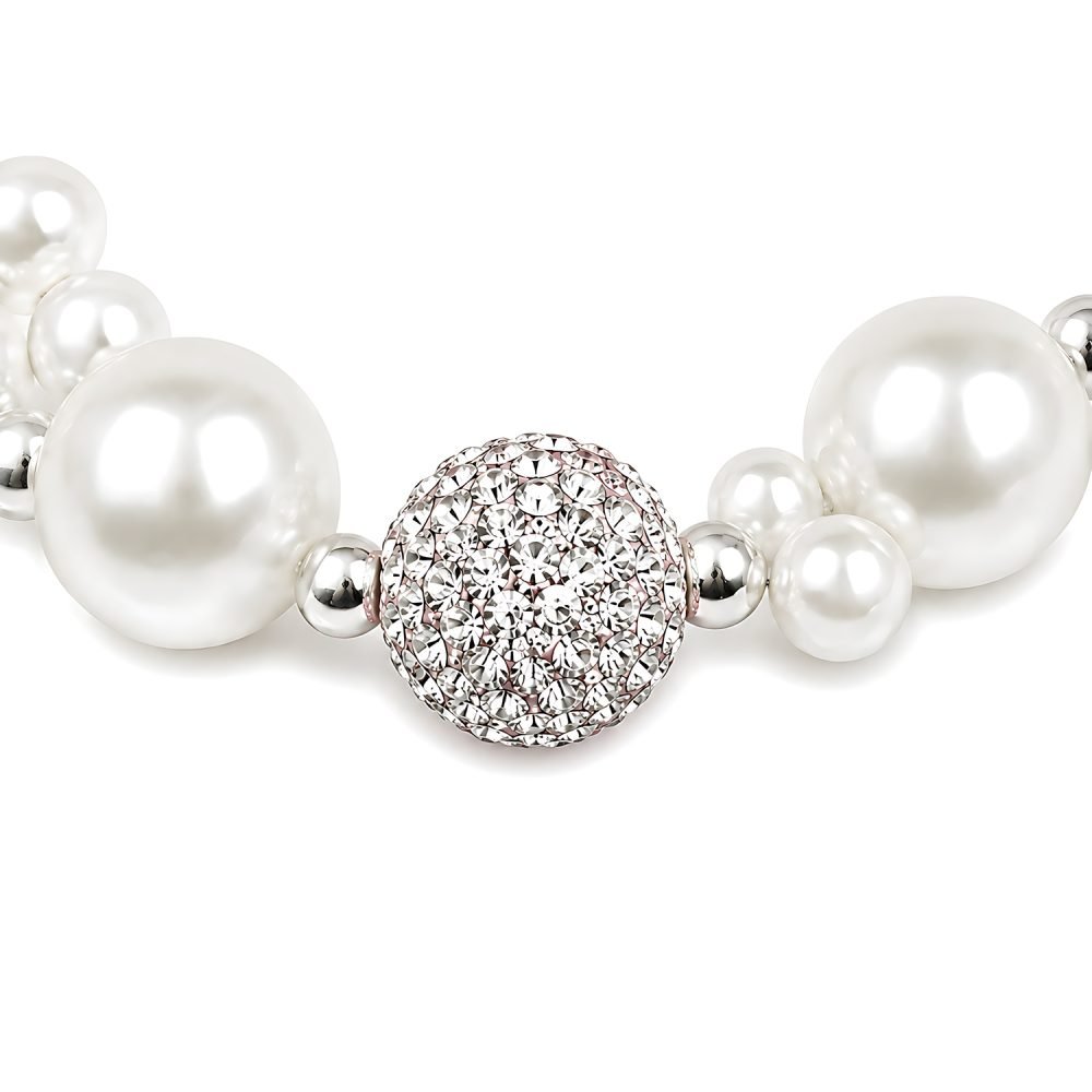 Pearl Style Pet Necklace with Pink Crystal Flower Charm, Double Strand Rhinestone Ball Dog Cat Jewelry, Metallic Tone Clasp