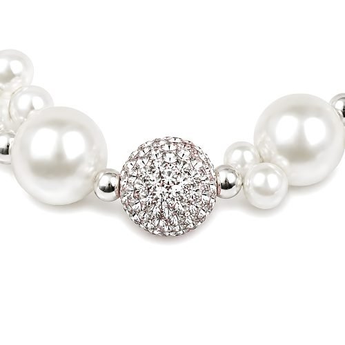 Pearl Style Pet Necklace with Pink Crystal Flower Charm, Double Strand Rhinestone Ball Dog Cat Jewelry, Metallic Tone Clasp
