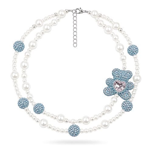 Pearl Style Pet Necklace Blue Rhinestone Flower Charm Dog Cat Jewelry Double Strand Pink Heart Crystal Accent