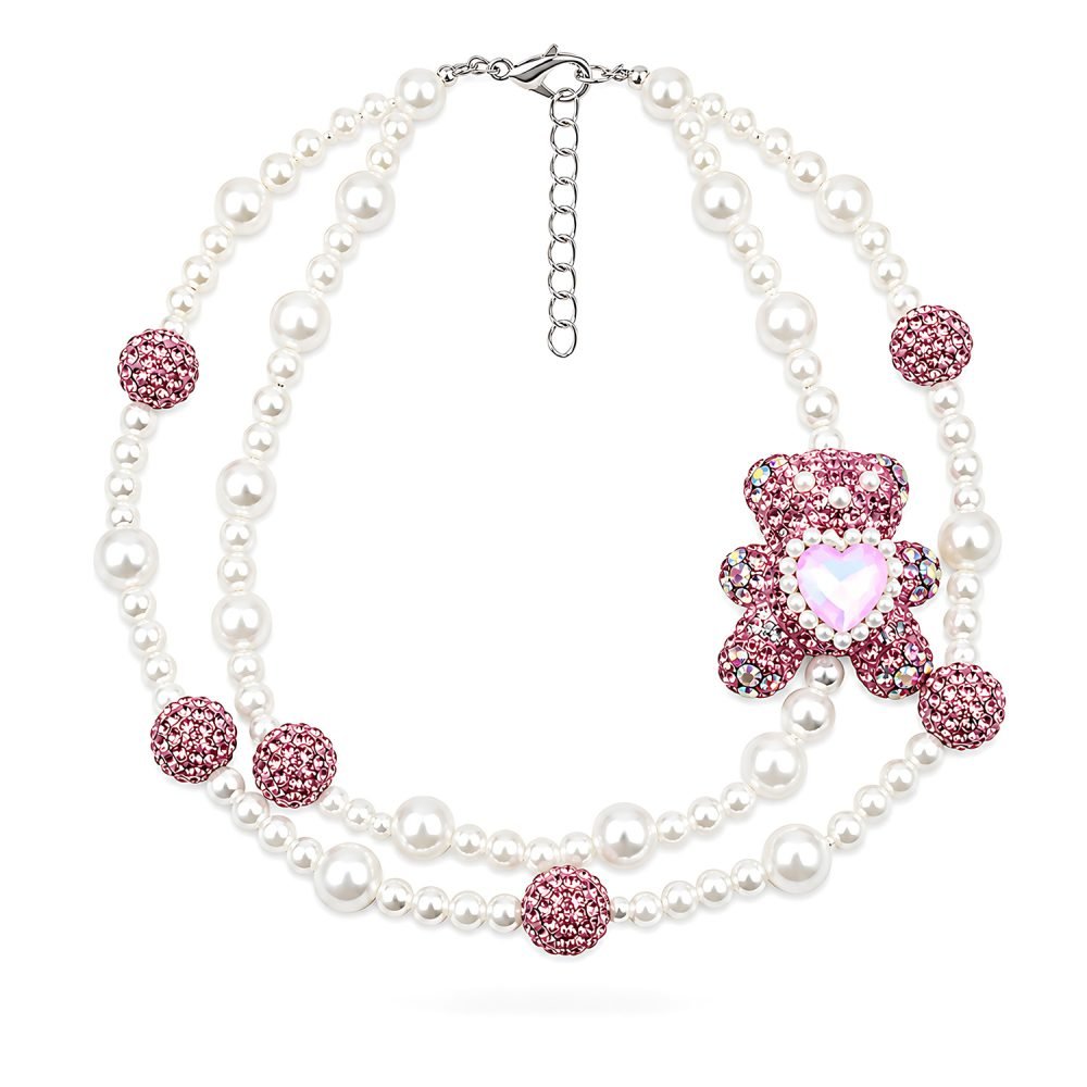 Pearl Style Pet Necklace with Pink Rhinestone Teddy Bear Charm, Double Strand Dog Cat Jewelry, Crystal Style Heart Pendant Pet Accessory