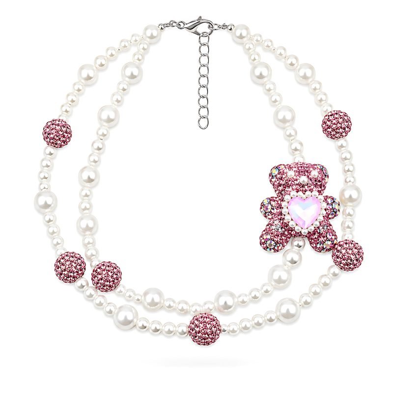 double-strand-pearl-necklace-small-pets-jdc-br-pk-s-1-01 Pearl Style Pet Necklace with Pink Rhinestone Teddy Bear Charm, Double Strand Dog Cat Jewelry, Crystal Style Heart Pendant Pet Accessory