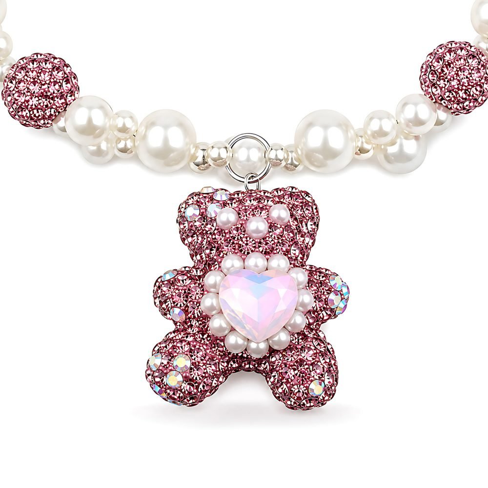 Pearl Style Pet Necklace with Pink Rhinestone Teddy Bear Charm, Double Strand Dog Cat Jewelry, Crystal Style Heart Pendant Pet Accessory