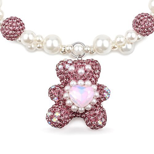 Pearl Style Pet Necklace with Pink Rhinestone Teddy Bear Charm, Double Strand Dog Cat Jewelry, Crystal Style Heart Pendant Pet Accessory