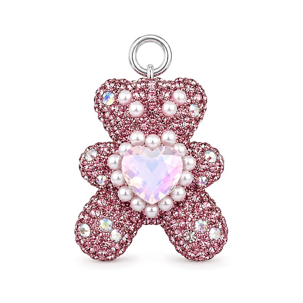 Pearl Style Pet Necklace with Pink Rhinestone Teddy Bear Charm, Double Strand Dog Cat Jewelry, Crystal Style Heart Pendant Pet Accessory