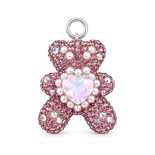 Pearl Style Pet Necklace with Pink Rhinestone Teddy Bear Charm, Double Strand Dog Cat Jewelry, Crystal Style Heart Pendant Pet Accessory