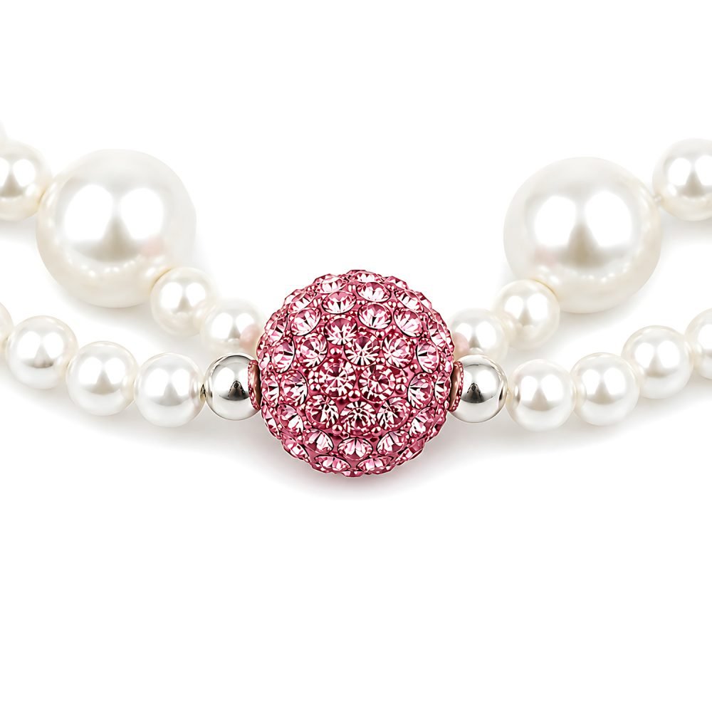 Pearl Style Pet Necklace with Pink Rhinestone Teddy Bear Charm, Double Strand Dog Cat Jewelry, Crystal Style Heart Pendant Pet Accessory