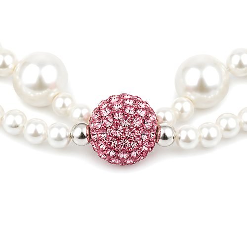 Pearl Style Pet Necklace with Pink Rhinestone Teddy Bear Charm, Double Strand Dog Cat Jewelry, Crystal Style Heart Pendant Pet Accessory