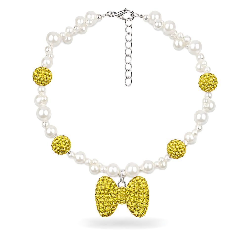 Yellow Bow Pearl Style Necklace for Dogs Cats, Crystal Style Charm Pet Jewelry, White Pearl Beaded Fashion Collar Accessory