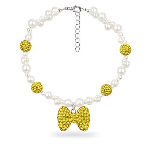 Yellow Bow Pearl Style Necklace for Dogs Cats, Crystal Style Charm Pet Jewelry, White Pearl Beaded Fashion Collar Accessory
