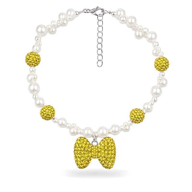 pearl-beaded-fashion-necklace-crystal-bow-jdc-bt-yl-s-1-01 Yellow Bow Pearl Style Necklace for Dogs Cats, Crystal Style Charm Pet Jewelry, White Pearl Beaded Fashion Collar Accessory