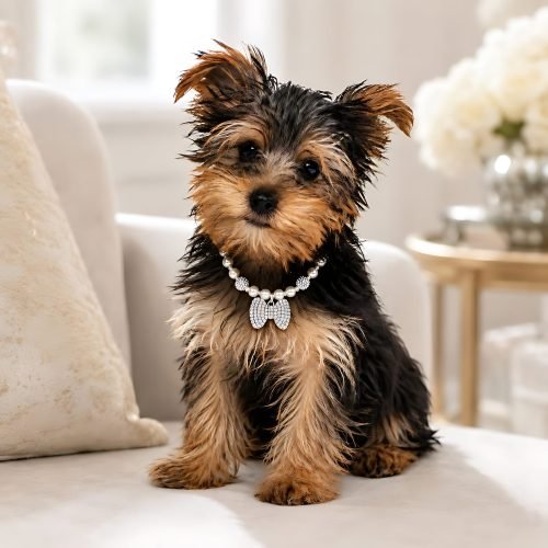 Pearl Style Dog Necklace with Rhinestone Bow Charm, Silver Tone Pet Jewelry, Sparkly Cat Collar Necklace, Small Dog Accessory Gift