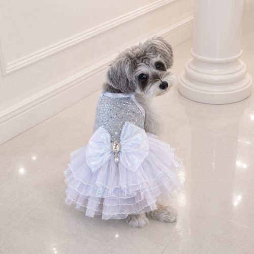 Sequin Dog Dress with Iridescent Bow, Sparkly Pet Tutu, Halter Neck Puppy Dress for Birthday Party, Wedding, Special Occasion Gift