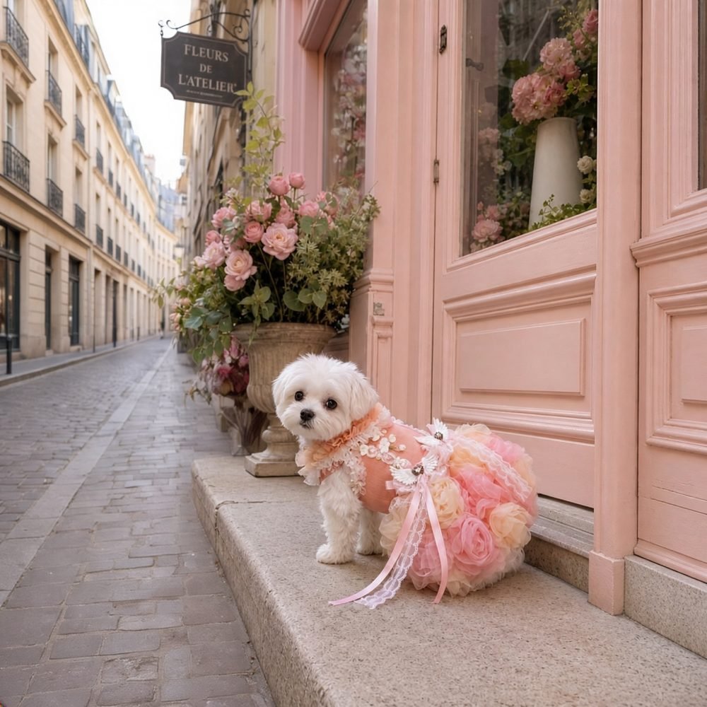 Peach Tulle Dog Dress with Angel Wing Charms, Ruffled Tutu Pet Dress for Small Dogs, Princess Style Puppy Outfit, Special Occasion