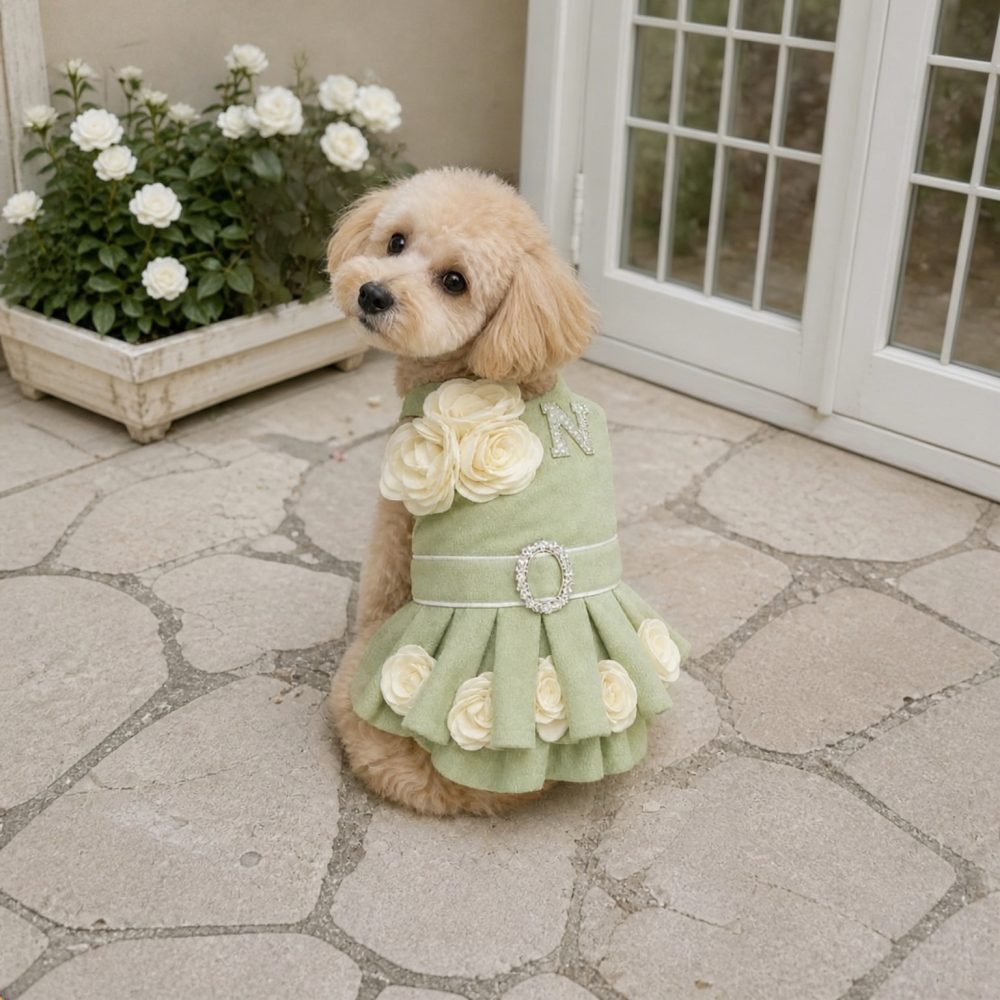 Sage Green Tweed Dog Dress with Ivory Rose Appliques, Rhinestone Buckle Belt, Pearl Initial Charm, Pet Wedding Outfit, Dog Birthday