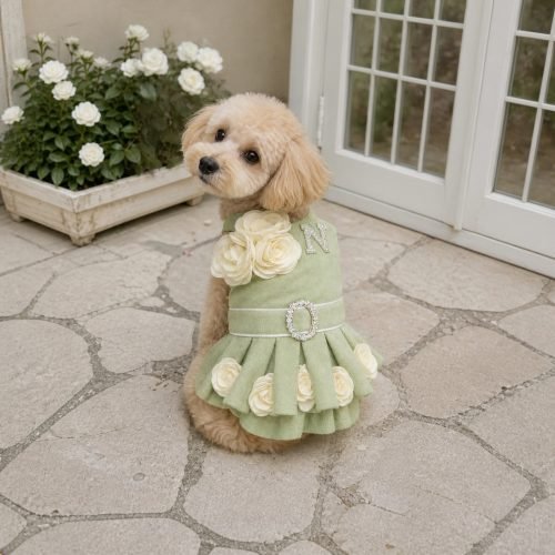 Sage Green Tweed Dog Dress with Ivory Rose Appliques, Rhinestone Buckle Belt, Pearl Initial Charm, Pet Wedding Outfit, Dog Birthday