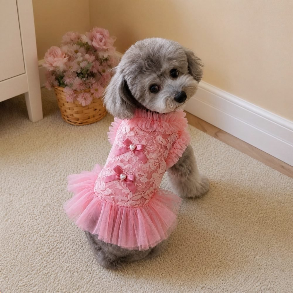 Pink Lace Dog Dress with Tulle Tutu Skirt, Princess Pet Costume with Matching Crown Headband, Birthday Dog Outfit Gift