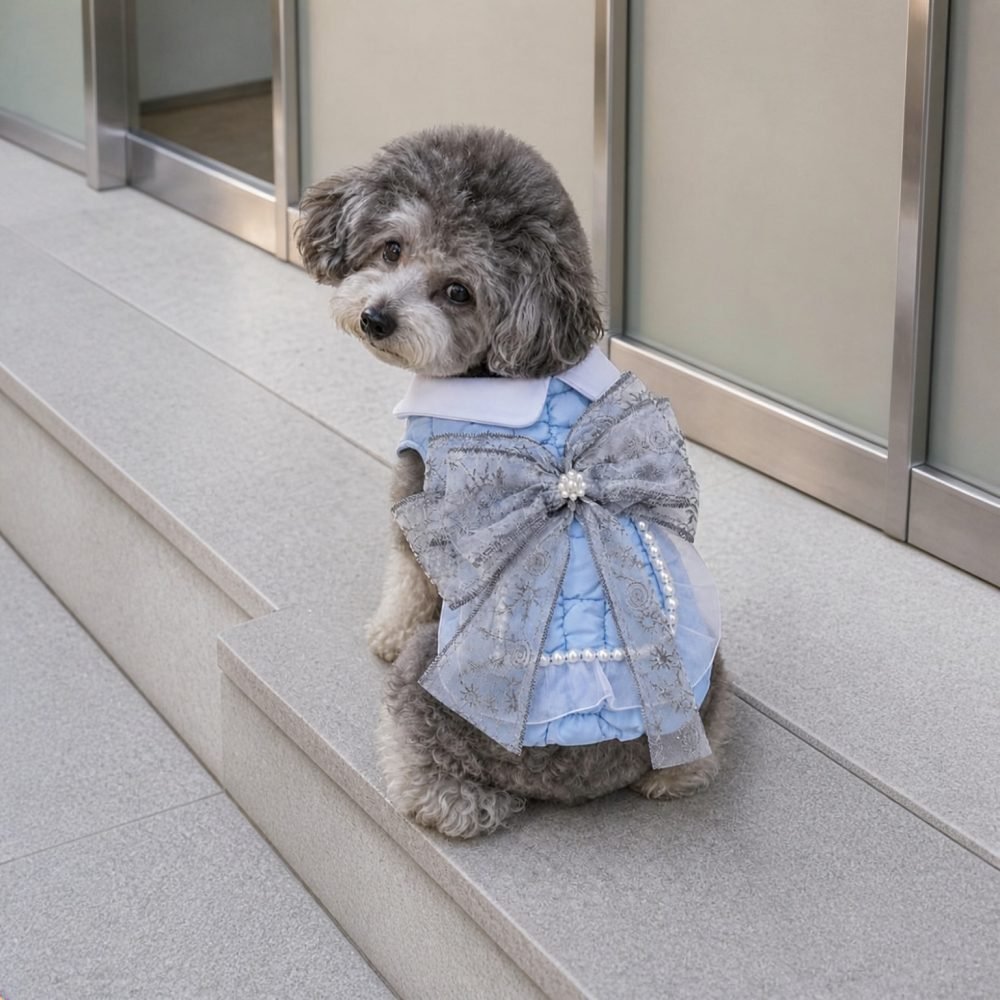 Quilted Dog Dress with Snowflake Bow, Powder Blue Pet Coat with Pearl Trim, Winter Holiday Dog Outfit, Cute Gift for Dog Moms