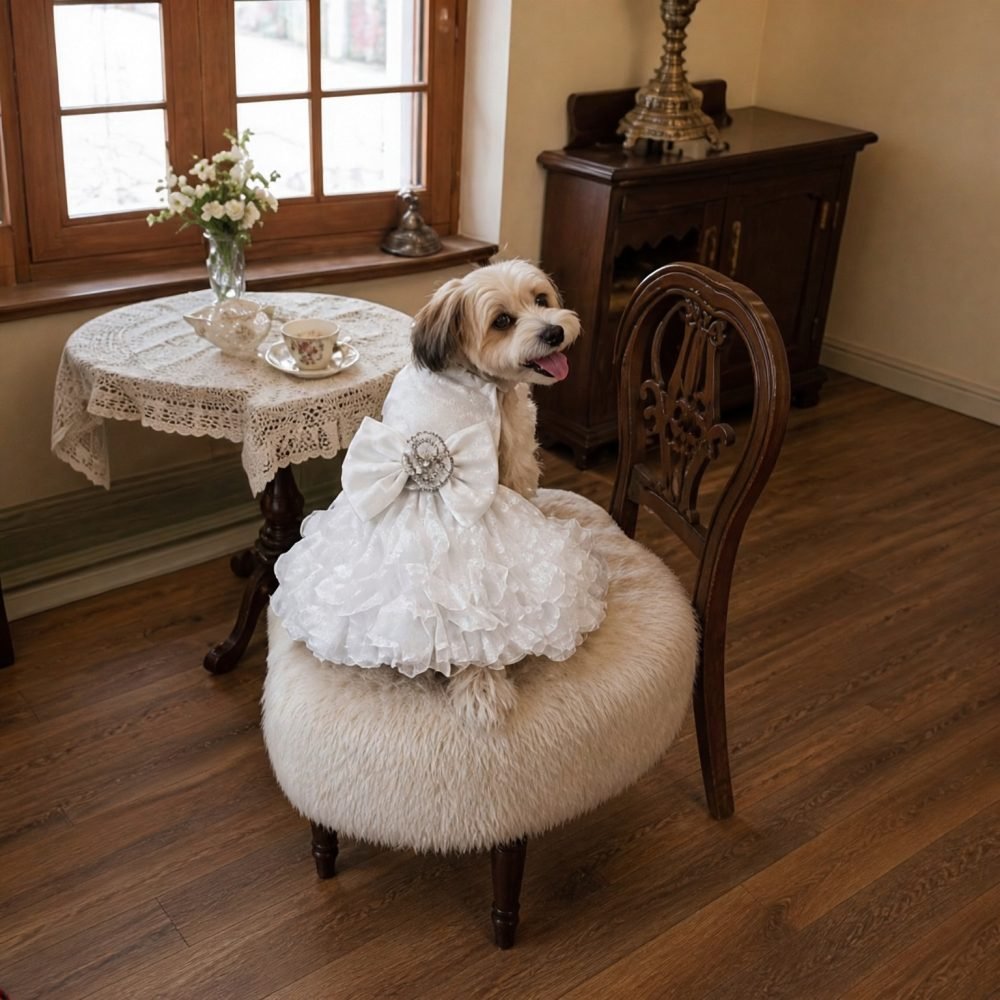 White Sequin Dog Dress, Ruffle Pet Gown with Pearl Heart Bow, Wedding Dog Outfit, Special Occasion Puppy Dress, Dog Birthday Gift