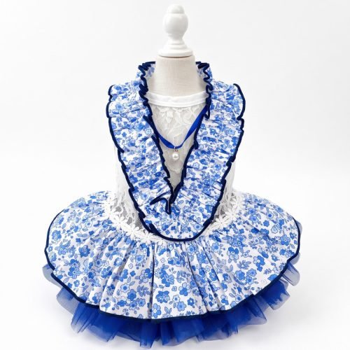 Blue Floral Dog Dress with Ruffle Collar and Pearl Necklace, Chinoiserie Print Pet Dress, Tulle Skirt Puppy Formal Wear, Dog