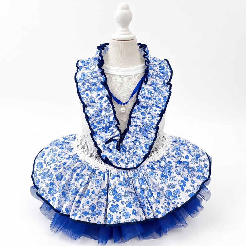 Blue Floral Dog Dress with Ruffle Collar and Pearl Necklace, Chinoiserie Print Pet Dress, Tulle Skirt Puppy Formal Wear, Dog