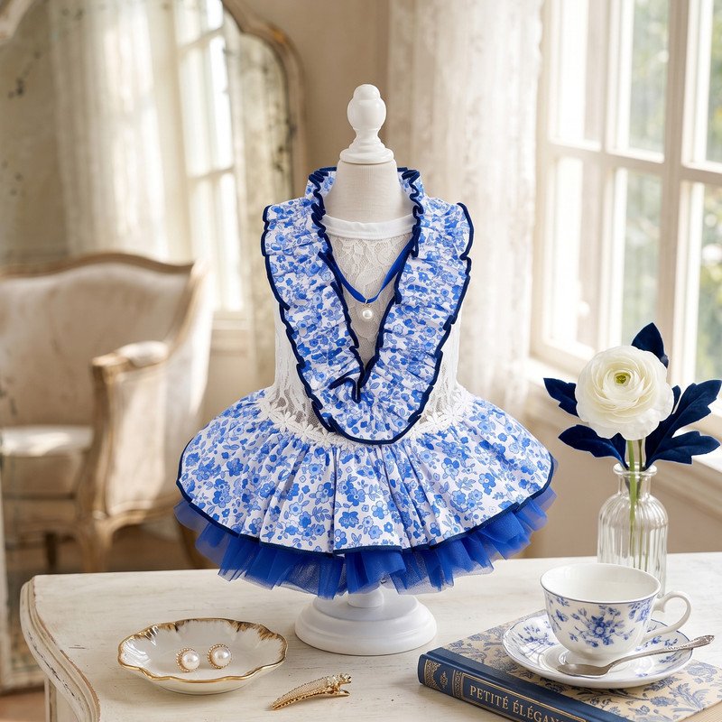 Blue Floral Dog Dress with Ruffle Collar and Pearl Necklace, Chinoiserie Print Pet Dress, Tulle Skirt Puppy Formal Wear, Dog