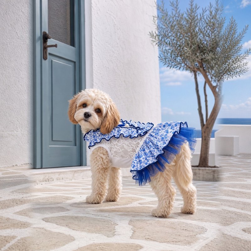 Blue Floral Dog Dress with Ruffle Collar and Pearl Necklace, Chinoiserie Print Pet Dress, Tulle Skirt Puppy Formal Wear, Dog
