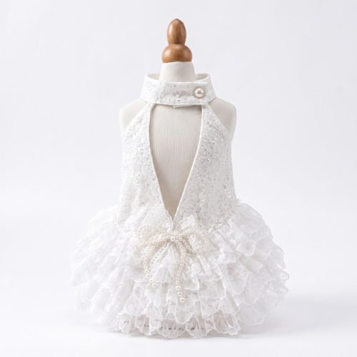 White Lace Dog Dress with Pearl Bow, Sequin Halter Pet Dress, Tiered Ruffle Wedding Dog Outfit, Special Occasion Gift for Dogs