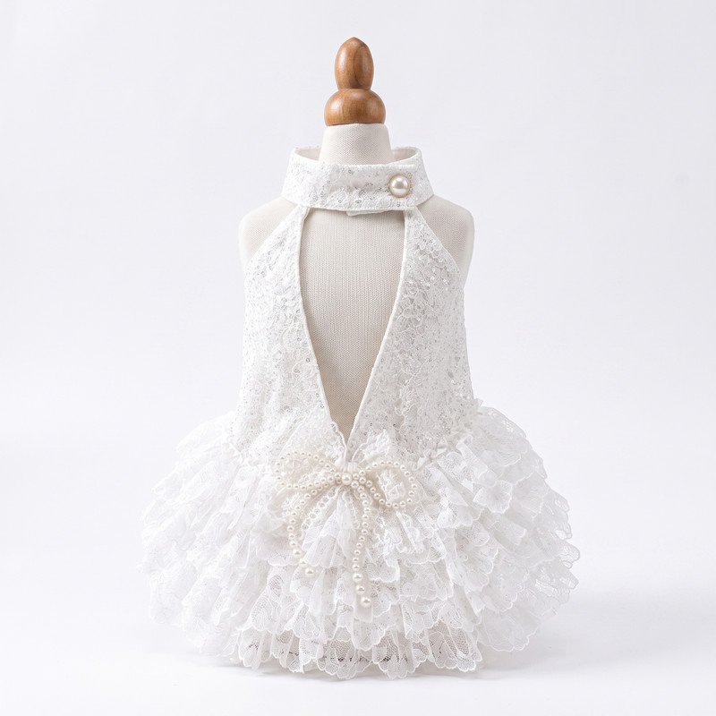 halter-dog-dress-open-back-high-adc-owh-m-3-01 White Lace Dog Dress with Pearl Bow, Sequin Halter Pet Dress, Tiered Ruffle Wedding Dog Outfit, Special Occasion Gift for Dogs