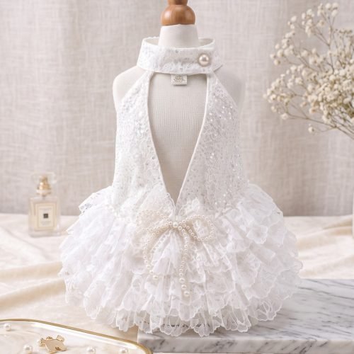 White Lace Dog Dress with Pearl Bow, Sequin Halter Pet Dress, Tiered Ruffle Wedding Dog Outfit, Special Occasion Gift for Dogs