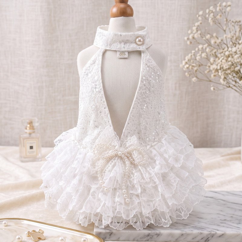 White Lace Dog Dress with Pearl Bow, Sequin Halter Pet Dress, Tiered Ruffle Wedding Dog Outfit, Special Occasion Gift for Dogs