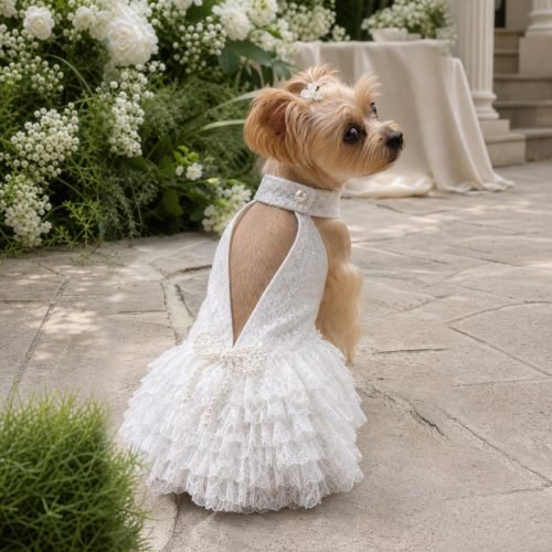 White Lace Dog Dress with Pearl Bow, Sequin Halter Pet Dress, Tiered Ruffle Wedding Dog Outfit, Special Occasion Gift for Dogs