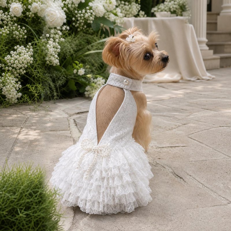 White Lace Dog Dress with Pearl Bow, Sequin Halter Pet Dress, Tiered Ruffle Wedding Dog Outfit, Special Occasion Gift for Dogs