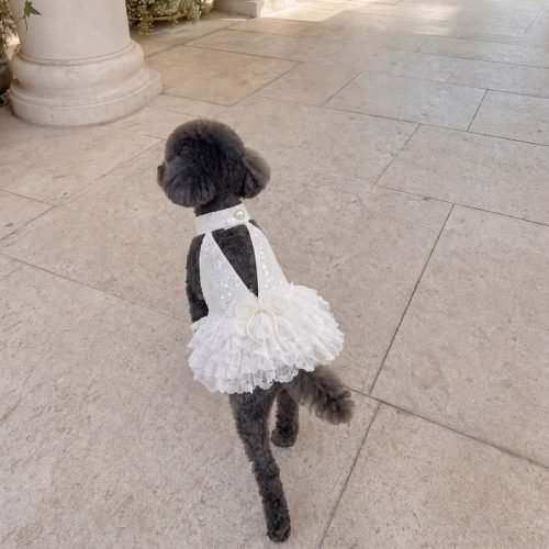 White Lace Dog Dress with Pearl Bow, Sequin Halter Pet Dress, Tiered Ruffle Wedding Dog Outfit, Special Occasion Gift for Dogs